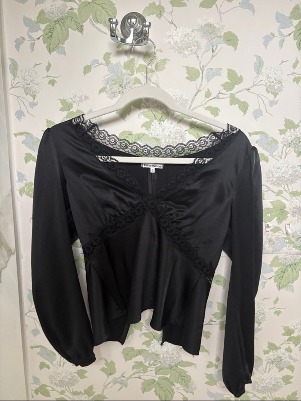 Reformation Black Satin Lace-Detail Blouse